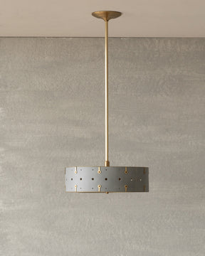 Beautiful satin brass ceiling pendant fixture with handstitched leather drum shade and customizable drop