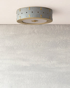 Beautiful satin brass flush mount ceiling fixture with handstitched leather drum shade