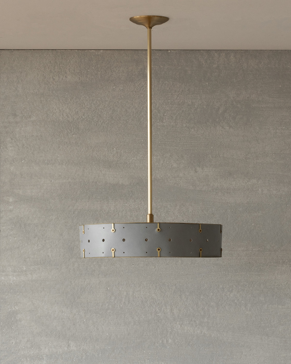 Beautiful satin brass ceiling pendant fixture with handstitched leather drum shade and customizable drop