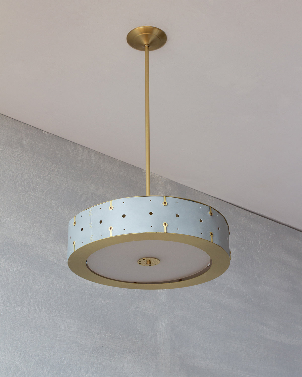 Beautiful satin brass ceiling pendant fixture with handstitched leather drum shade and customizable drop