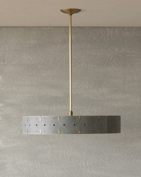 Beautiful satin brass ceiling pendant fixture with handstitched leather drum shade and customizable drop