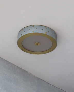 Beautiful satin brass flush mount ceiling fixture with handstitched leather drum shade