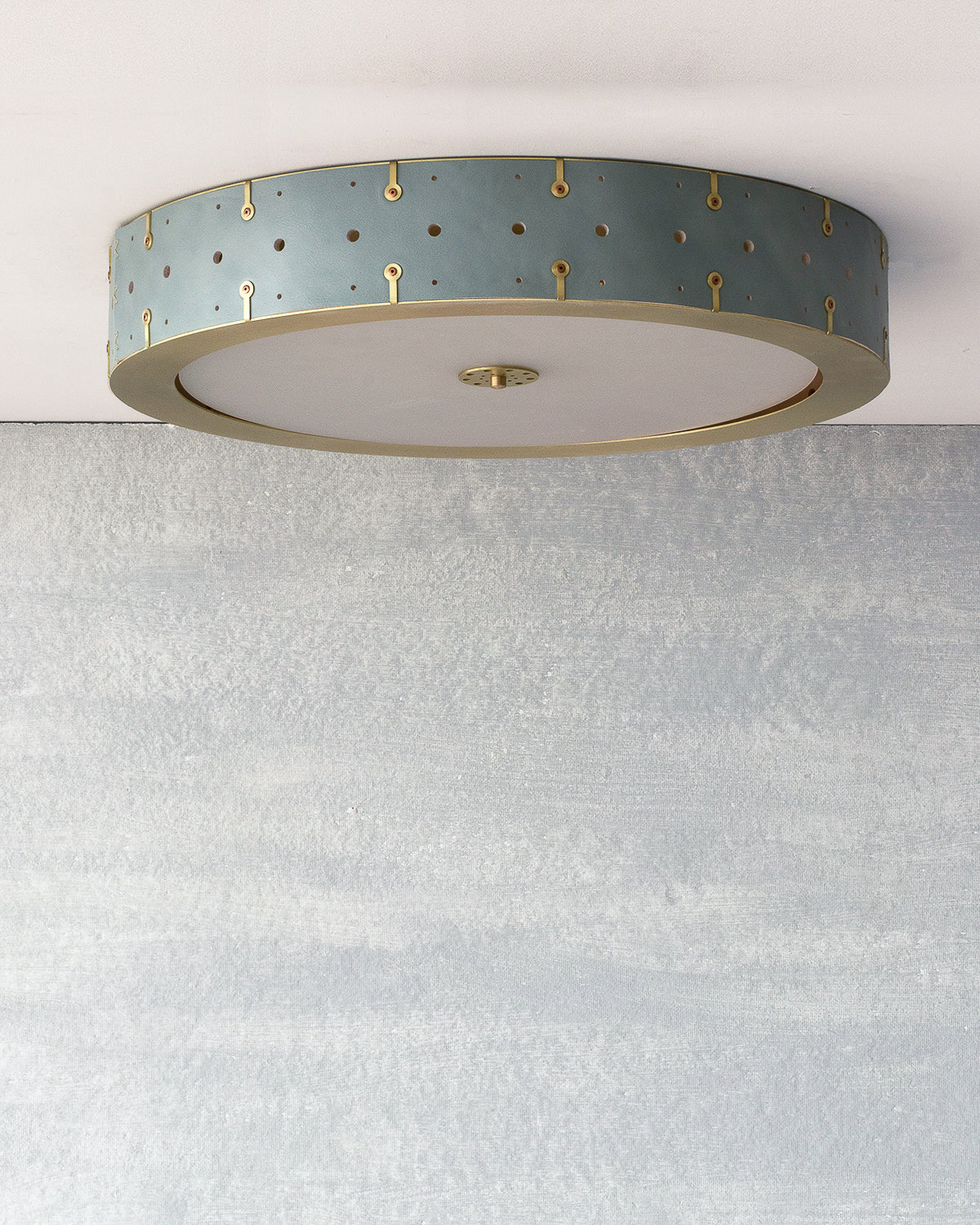 Beautiful satin brass flush mount ceiling fixture with handstitched leather drum shade