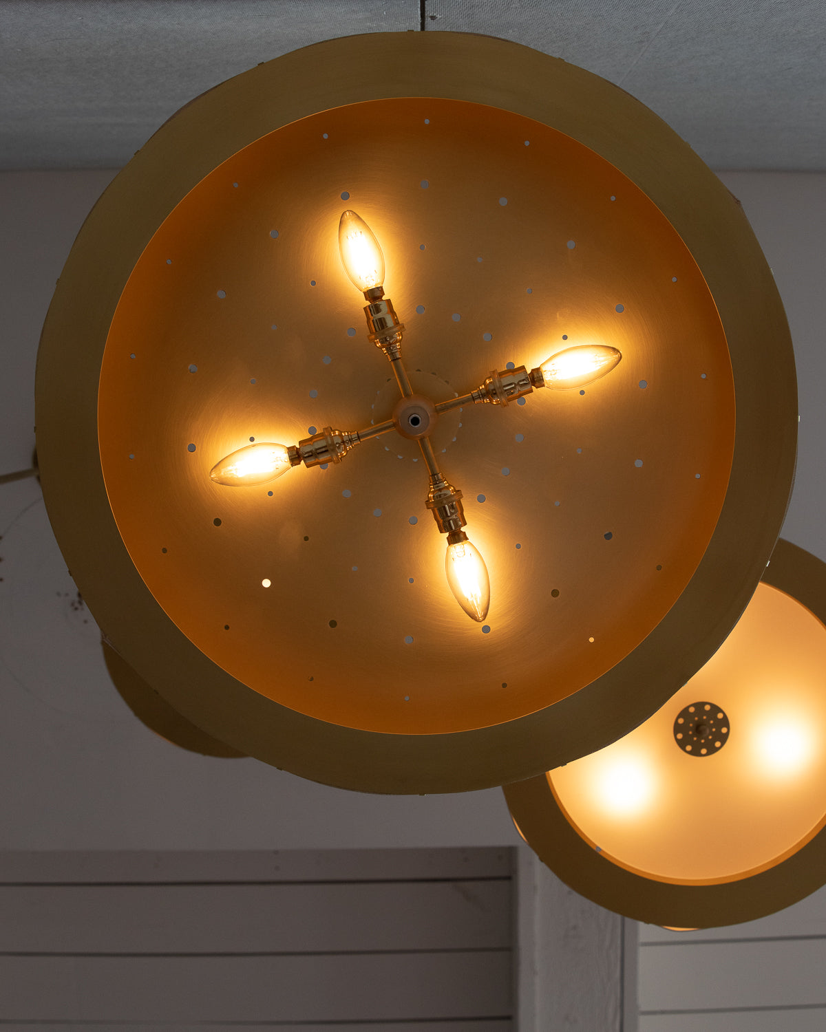 Beautiful satin brass ceiling pendant fixture with handstitched leather drum shade and customizable drop