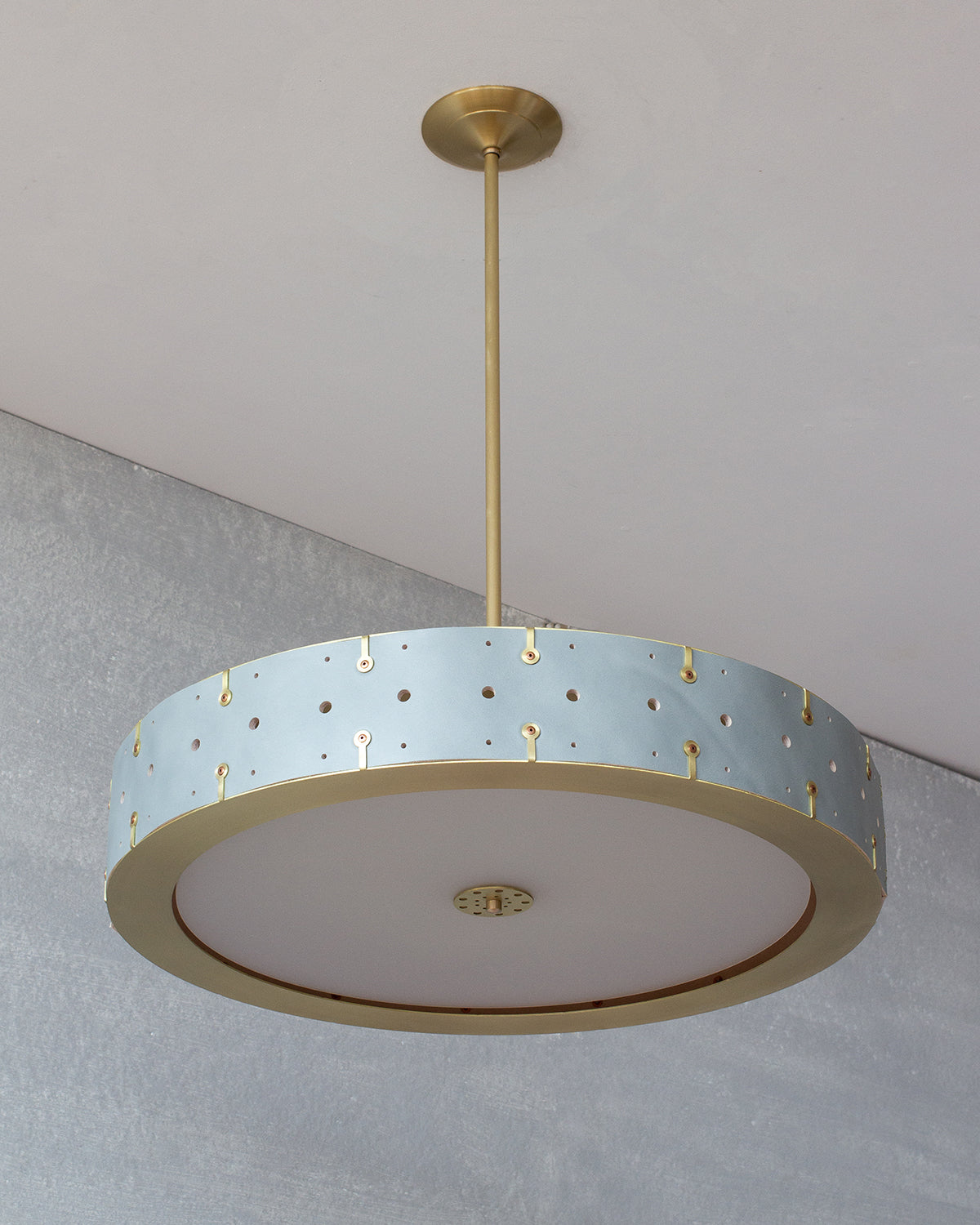 Beautiful satin brass ceiling pendant fixture with handstitched leather drum shade and customizable drop