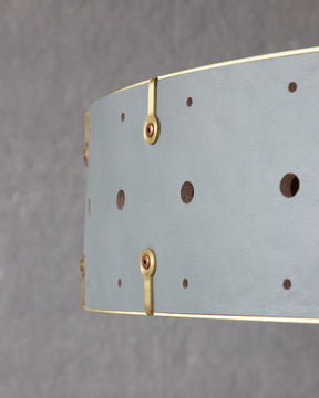 Beautiful satin brass flush mount ceiling fixture with handstitched leather drum shade