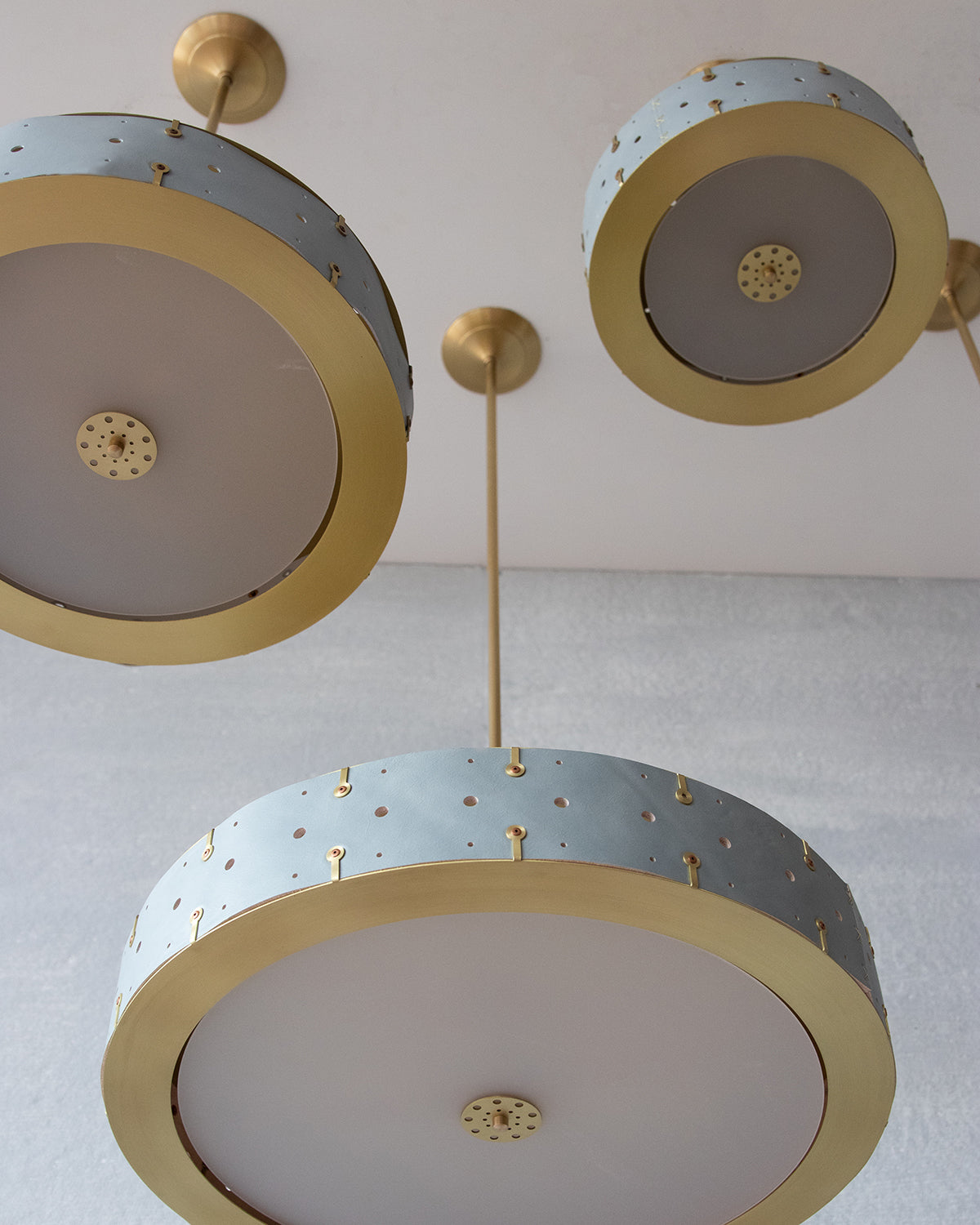 Beautiful satin brass ceiling pendant fixture with handstitched leather drum shade and customizable drop