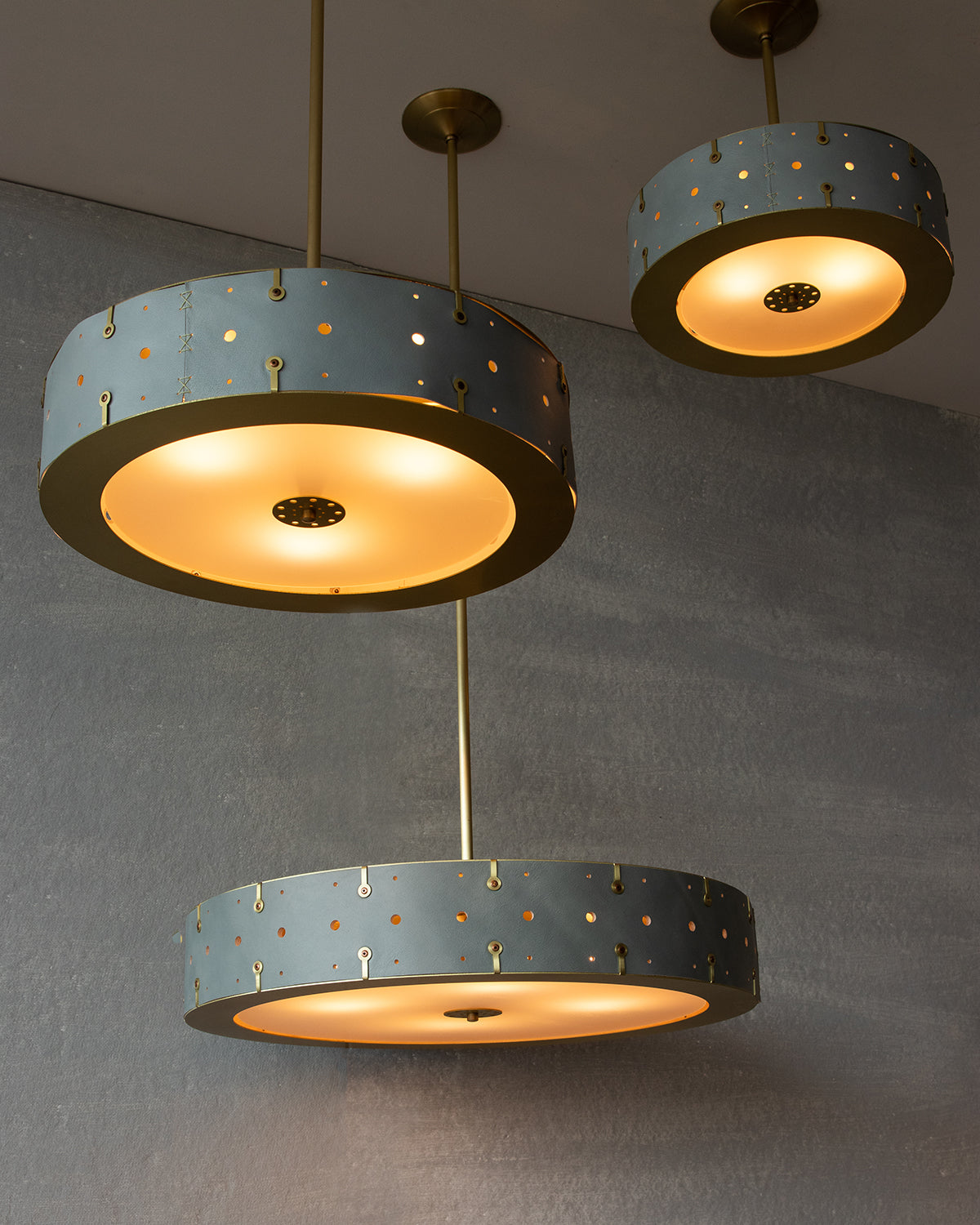 Beautiful satin brass ceiling pendant fixture with handstitched leather drum shade and customizable drop