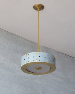 Beautiful satin brass ceiling pendant fixture with handstitched leather drum shade and customizable drop