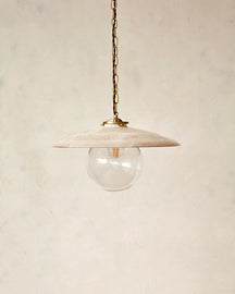 Large pendant light with oversized clear glass globe and decorative wooden clear maple shade with brass chain