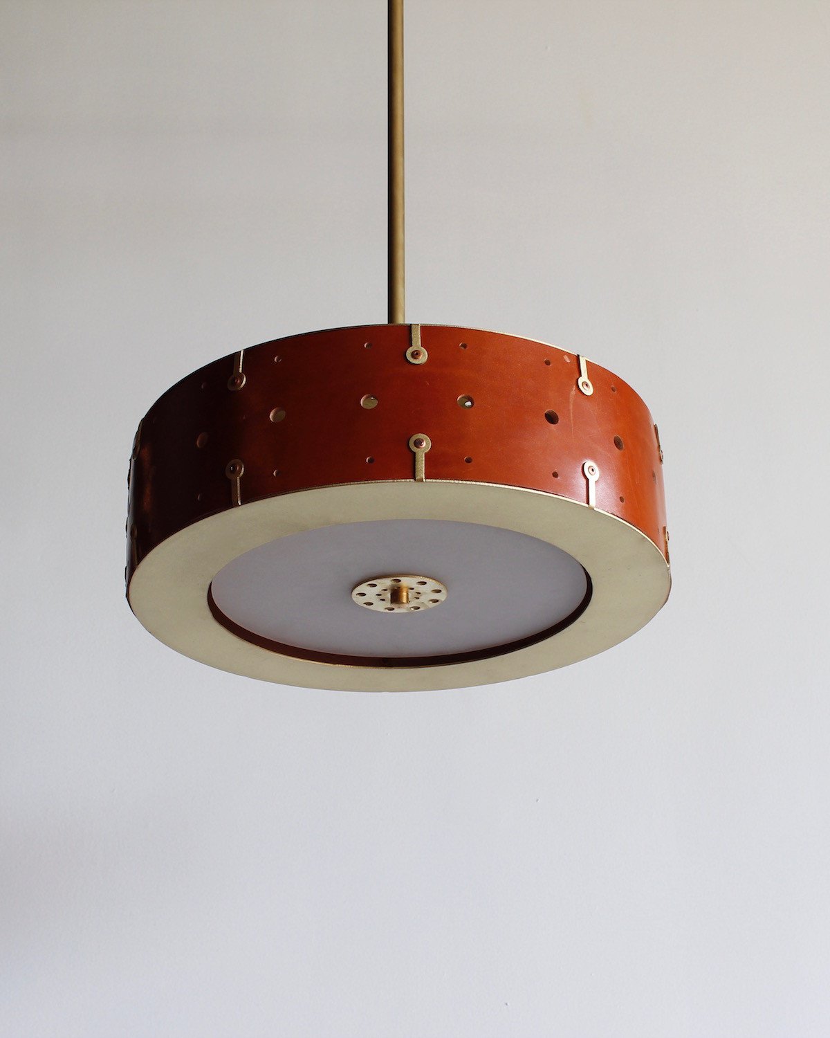 Beautiful satin brass ceiling pendant fixture with handstitched leather drum shade and customizable drop