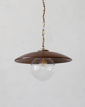 Large pendant light with oversized clear glass globe and decorative wooden black walnut shade with brass chain