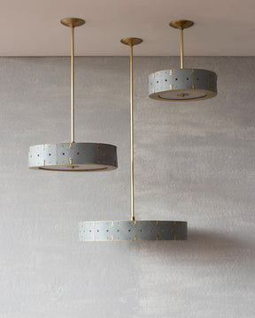 Beautiful satin brass ceiling pendant fixture with handstitched leather drum shade and customizable drop