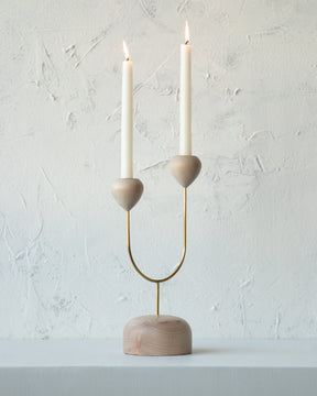 Modern maple and brass flower inspired candle holders