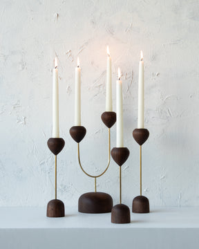 Modern black walnut and brass flower inspired candle holder