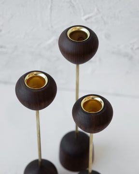 Modern black walnut and brass flower inspired candle holder