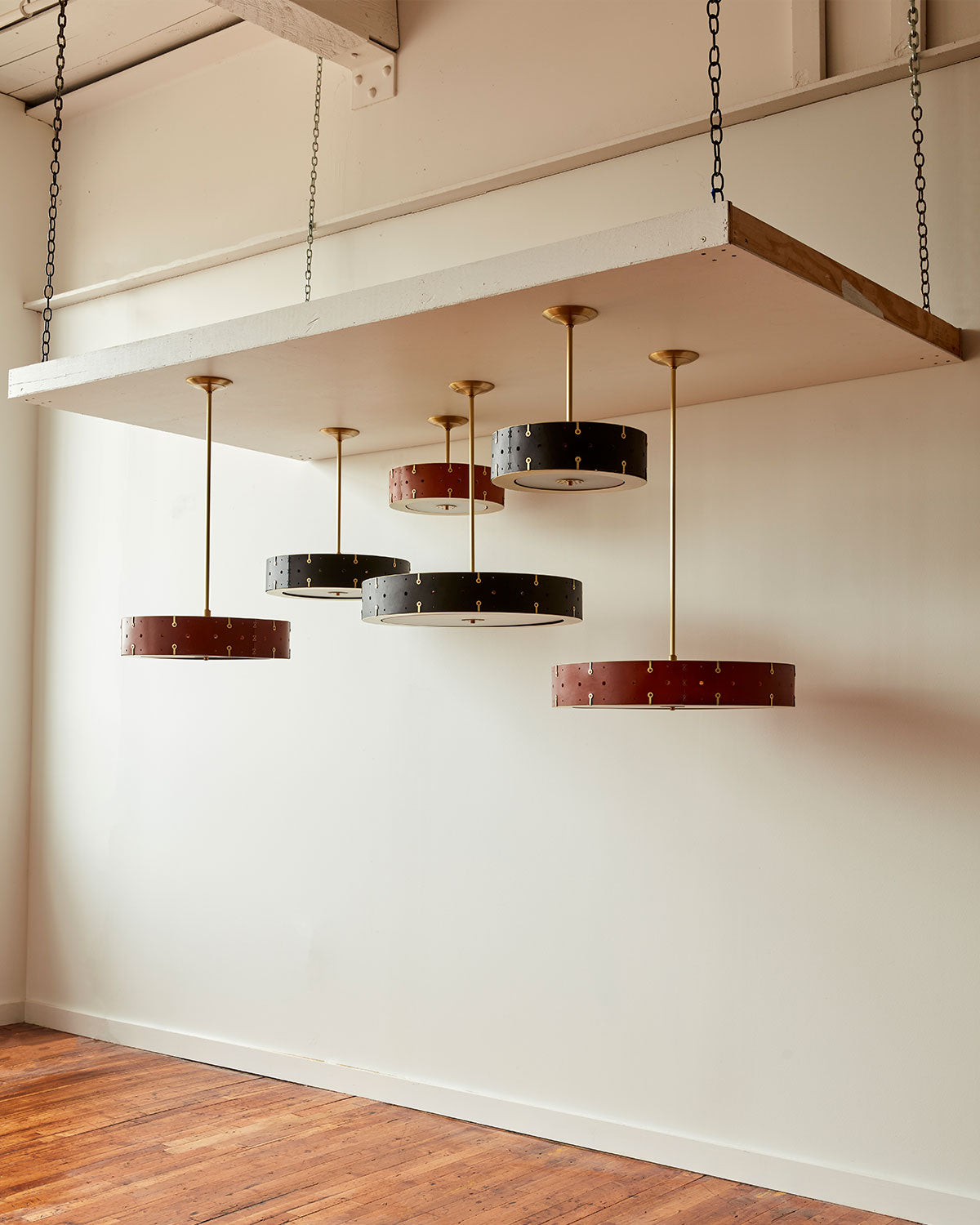 Beautiful satin brass ceiling pendant fixture with handstitched leather drum shade and customizable drop