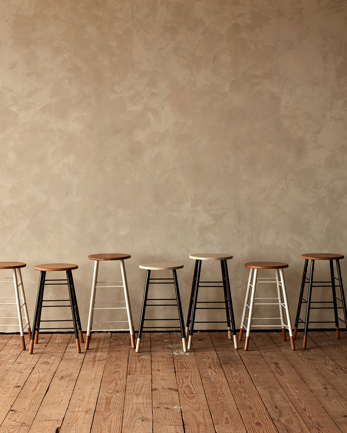 LOSTINE GORDON STOOLS  - Classic ladder metal base stool with wooden seat and feet, workshop stool. Counter and bar height. Made by Lostine in Philadelphia. Simple interior design, made in the USA. Warm American Modern Design